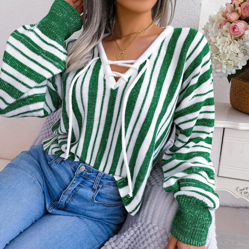 Striped Bandage Lantern Sleeve Sweater - Image 8