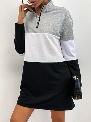 Autumn Women Wear Long Sleeve Contrast Color Sweatshirt Dress