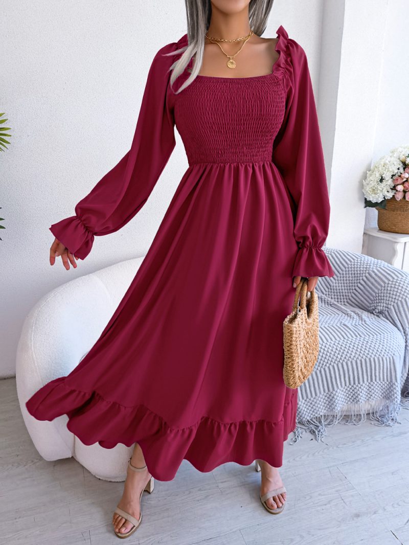 Casual Square Collar Flare Maxi Dress with Large Swing Ruffles - Image 5
