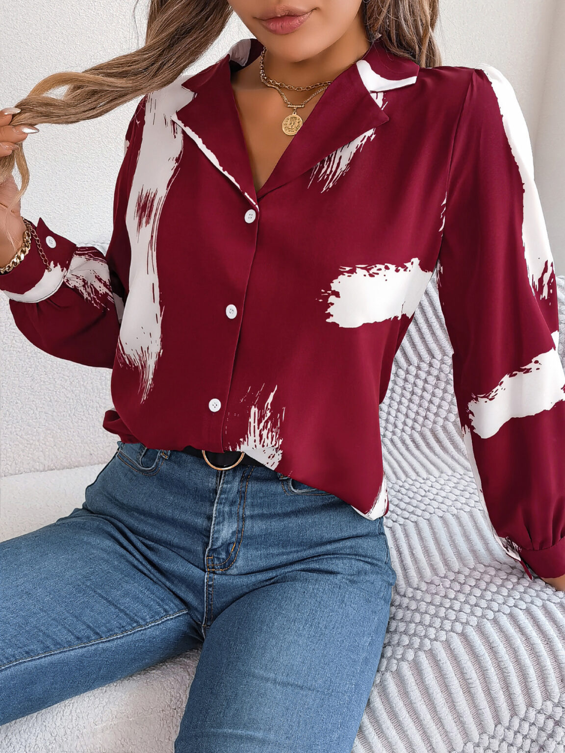 Contrast Striped Collar Long Sleeve Shirt - Image 2