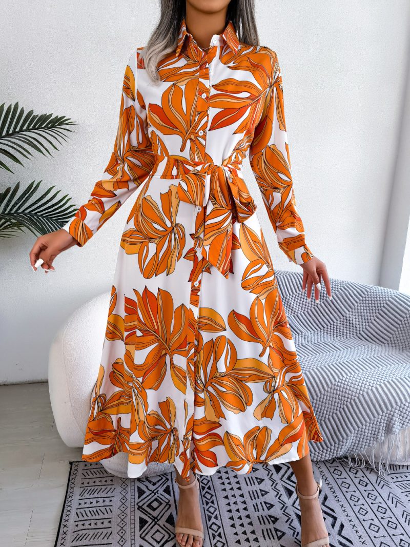 Contrast Color Floral Collared Tied Maxi Shirt Dress - Image 7