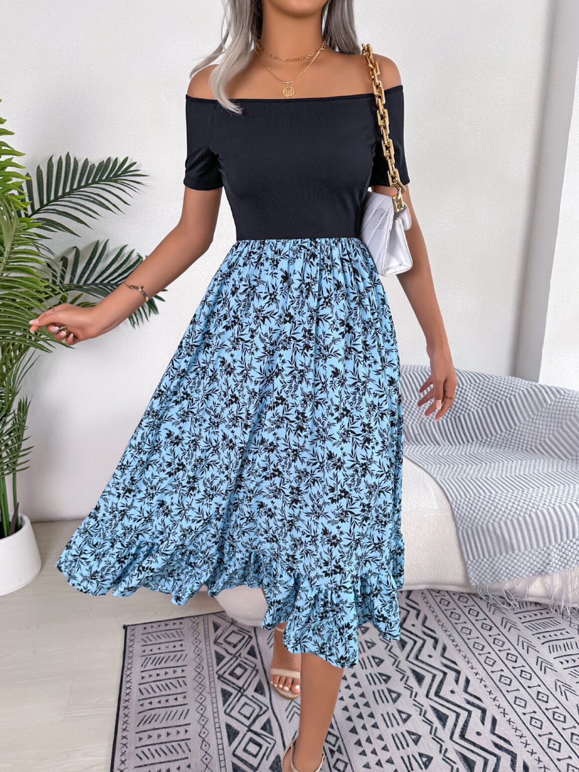 Casual Off-Shoulder Floral Ruffled Midi Dress - Image 5