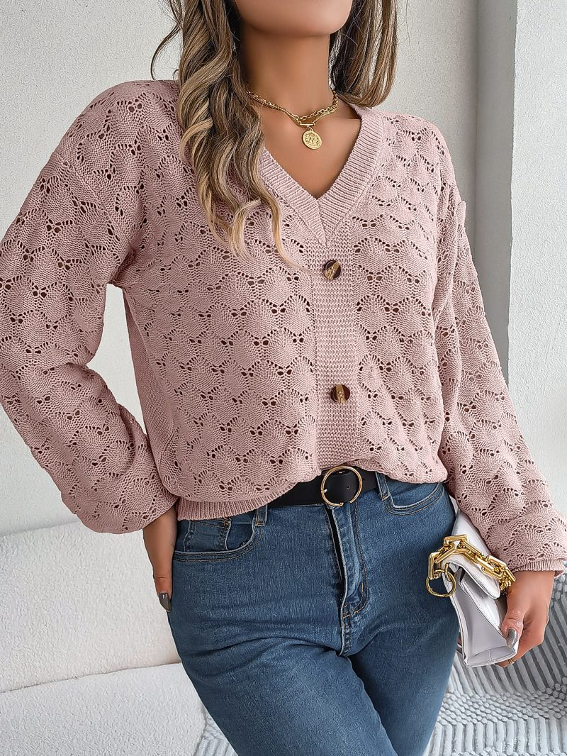 V-Neck Buttoned Lantern Sleeve Sweater - Image 5