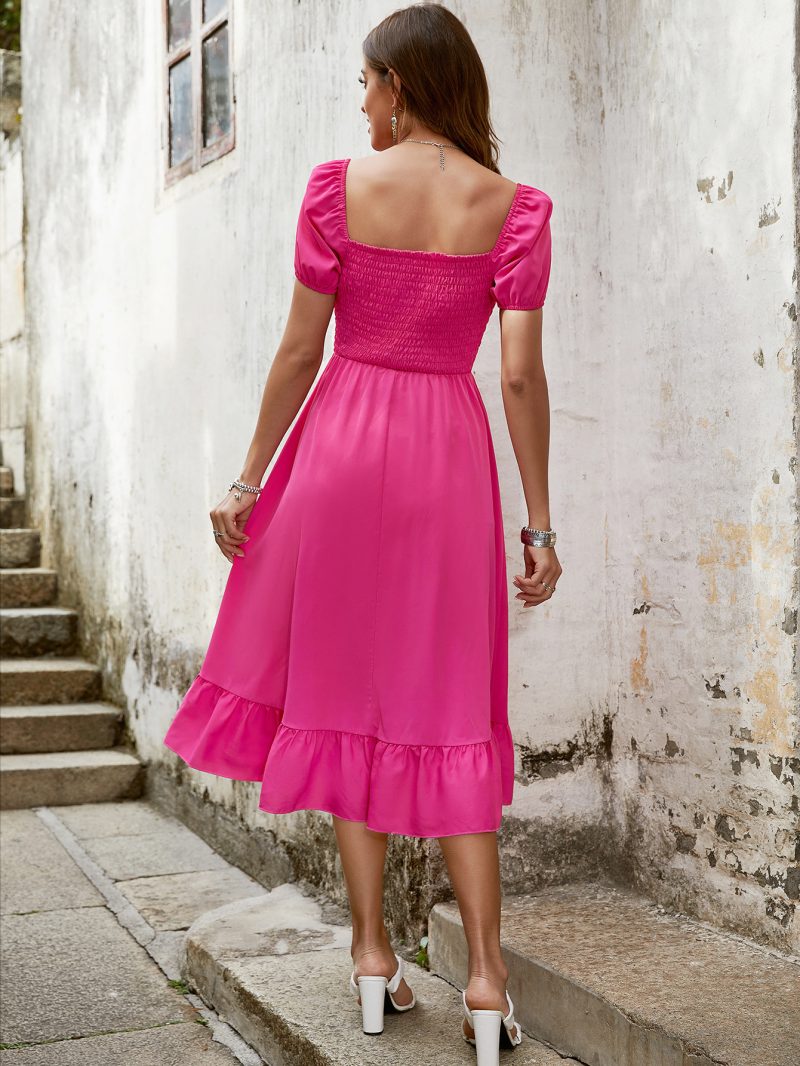 Office Solid Color Red Dress - Puff Sleeve, High Waist - Image 2