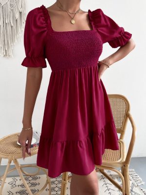 Square Collar Ruffled Office Dress