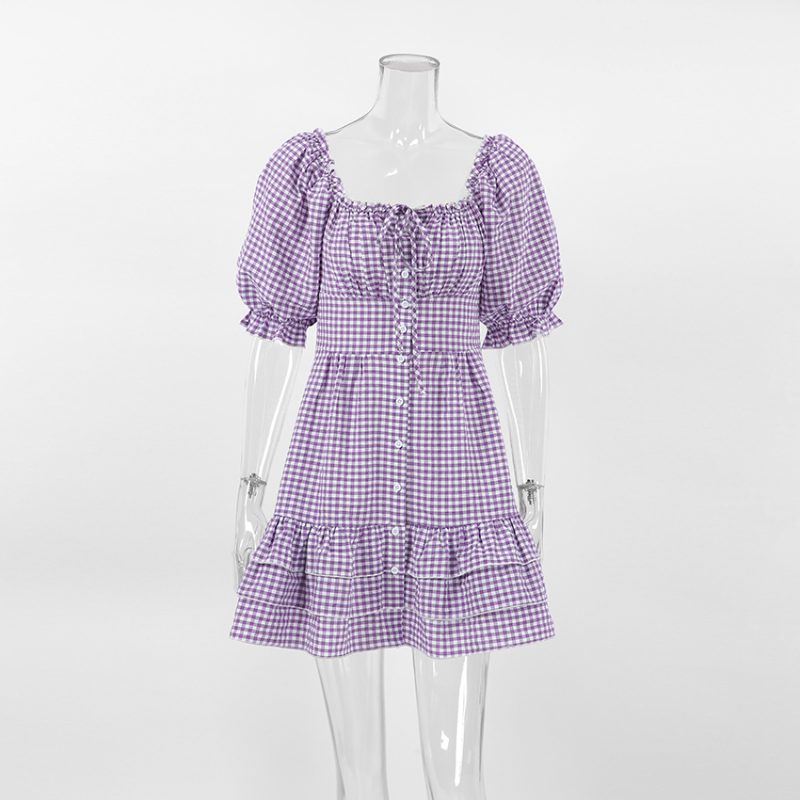 French Purple Pattern Square Collar A-line Dress - Image 5