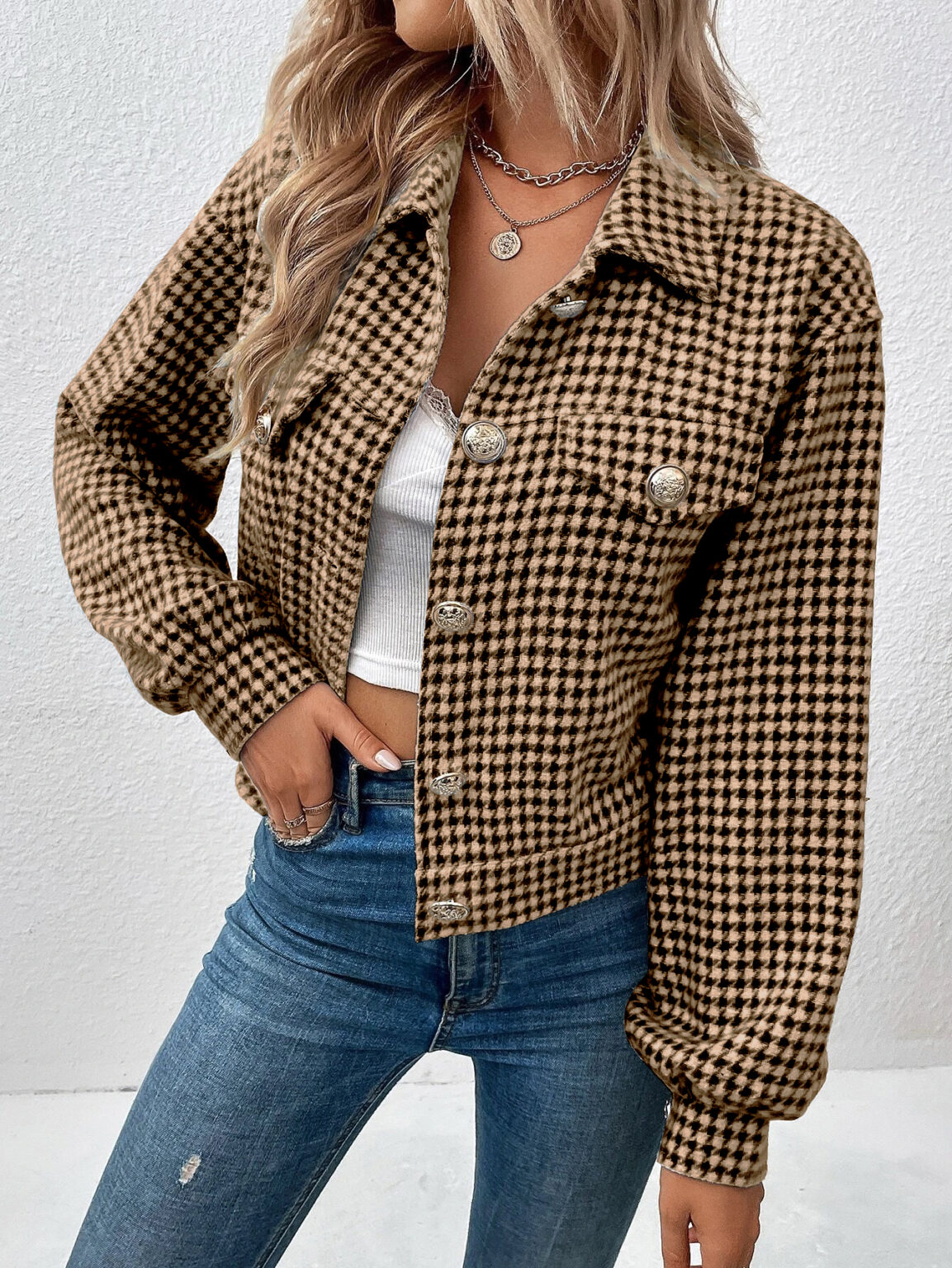 Collared Houndstooth Office Coat - Image 7