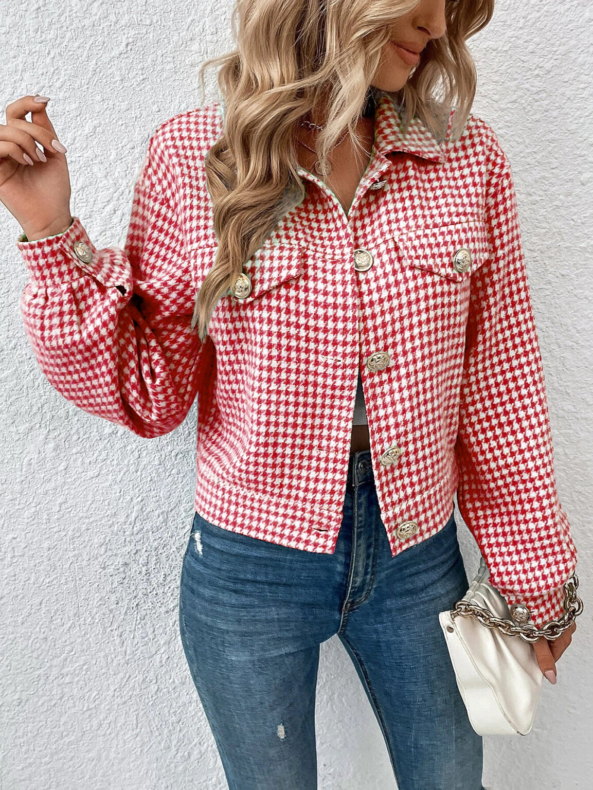 Collared Houndstooth Office Coat - Image 15