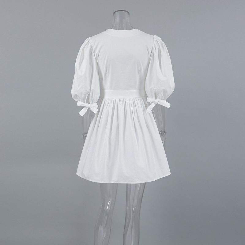 Cotton White Puff Sleeve V-Neck Dress - Image 5