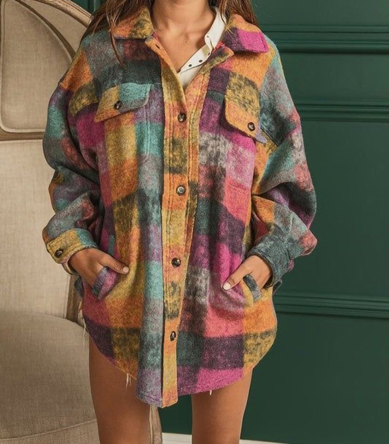 Fleece Collared Plaid Jacket - Image 2
