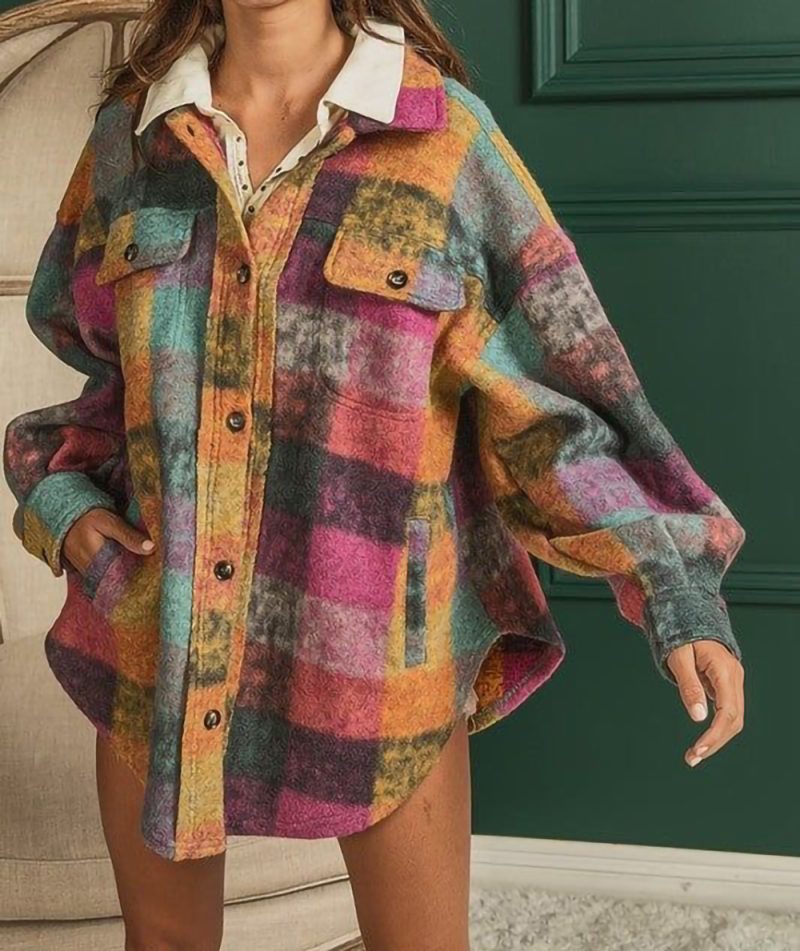 Fleece Collared Plaid Jacket - Image 3