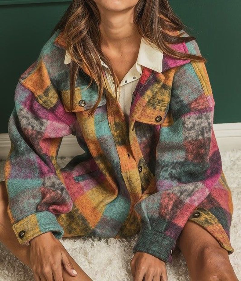 Fleece Collared Plaid Jacket - Image 4