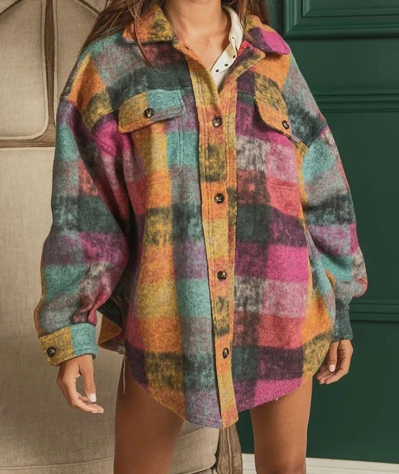Fleece Collared Plaid Jacket - Image 5