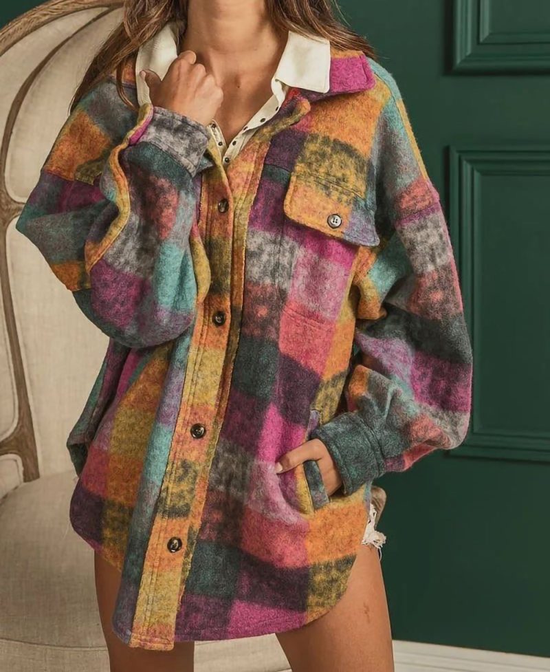 Fleece Collared Plaid Jacket - Image 6