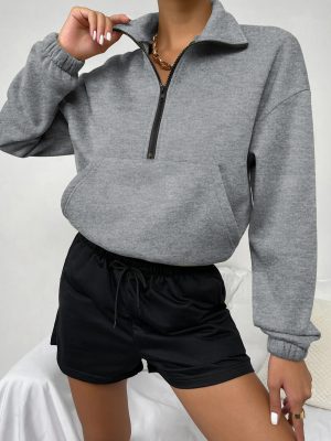 Zipped Stand Collar Loose Sweatshirt