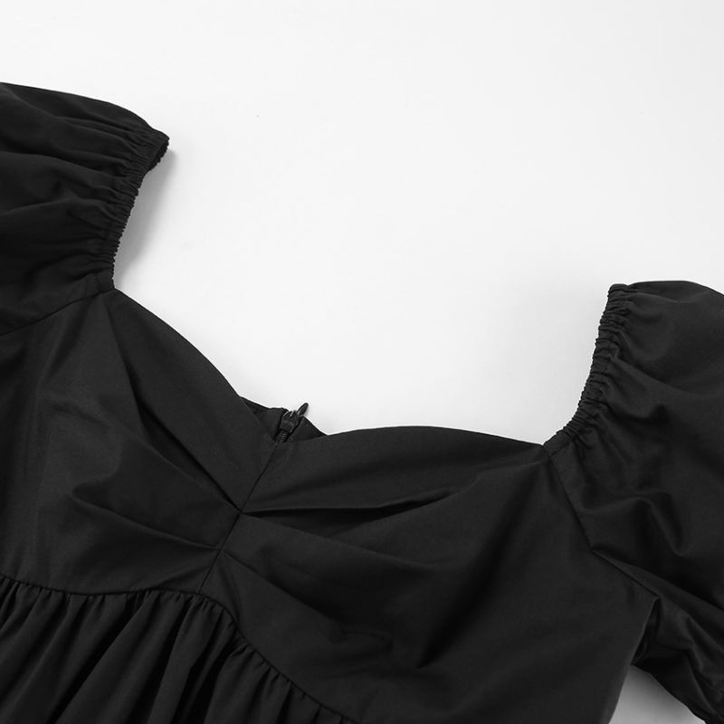 Black Square Collar Puff Sleeve Off-Shoulder Dress - Image 5