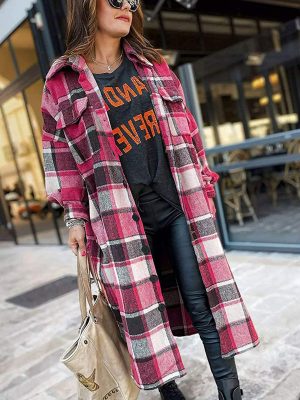 Slim Fit Woolen Plaid Trench Coat for Women