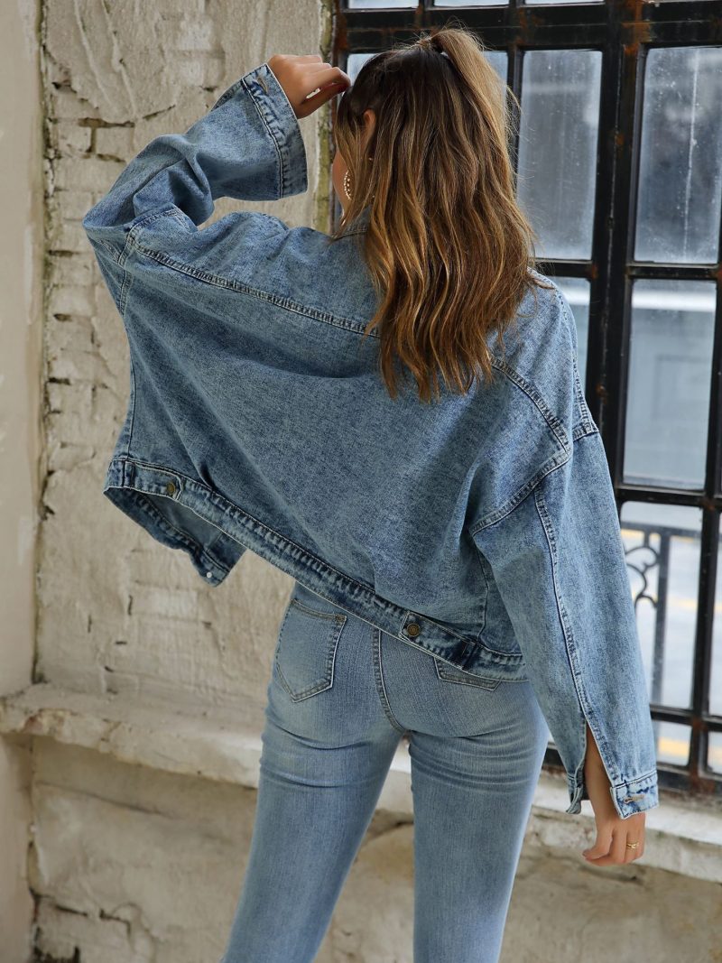 Fried Floral Water Blue Short Loose Casual Denim Coat Jacket - Image 6