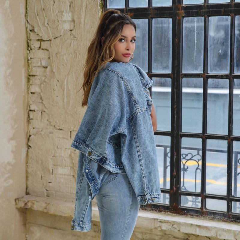 Fried Floral Water Blue Short Loose Casual Denim Coat Jacket - Image 2