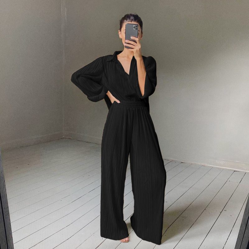 Collared Long Sleeve Shirt & Wide-Leg Pleated Trousers Suit - Image 2