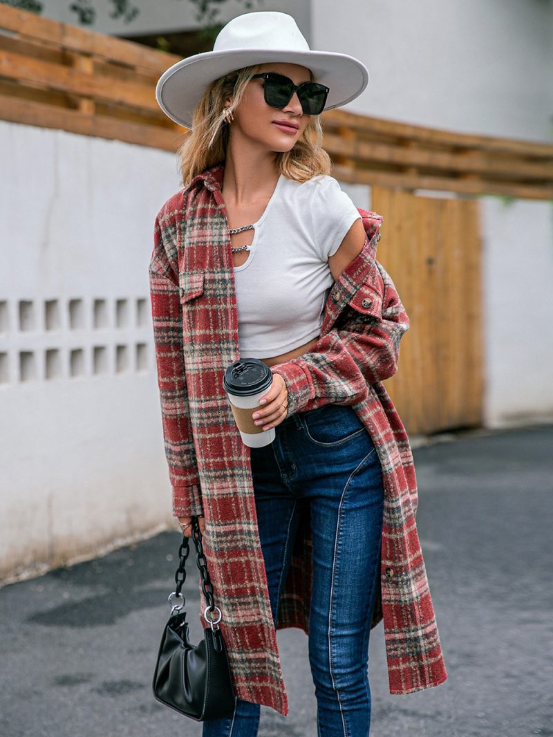 Woolen Plaid Loose Coat - Image 6