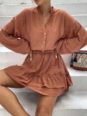 Long Sleeve Rayon Ruffle A-Line Dress