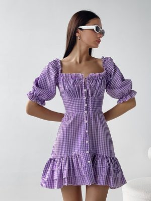 French Purple Pattern Square Collar A-line Dress