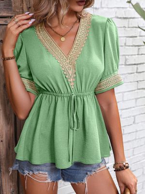 Summer V neck Lace Short Sleeved T shirt Waist Trimming Shirt Elegant Women Chiffon Blouse