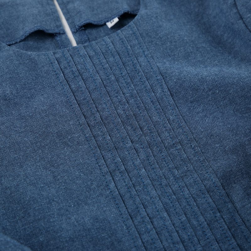 Retro Blue Denim Puff Sleeve Dress - Image 6