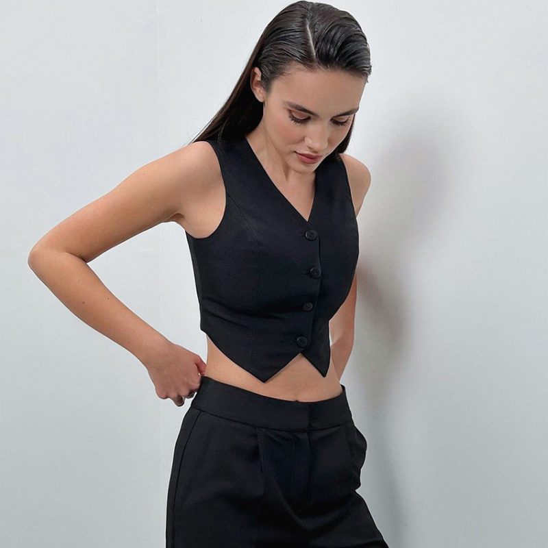 V-Neck Waistcoat Vest & Straight Leg Trousers Set - Image 2