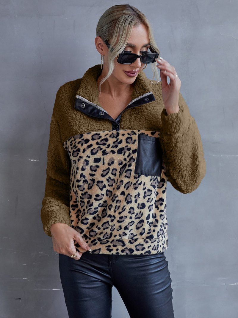 Leopard Fluffy Sweater with Faux Leather Patchwork Coa - Image 2