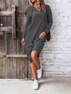 Striped Hooded Slim Fit Long Sleeve Dress