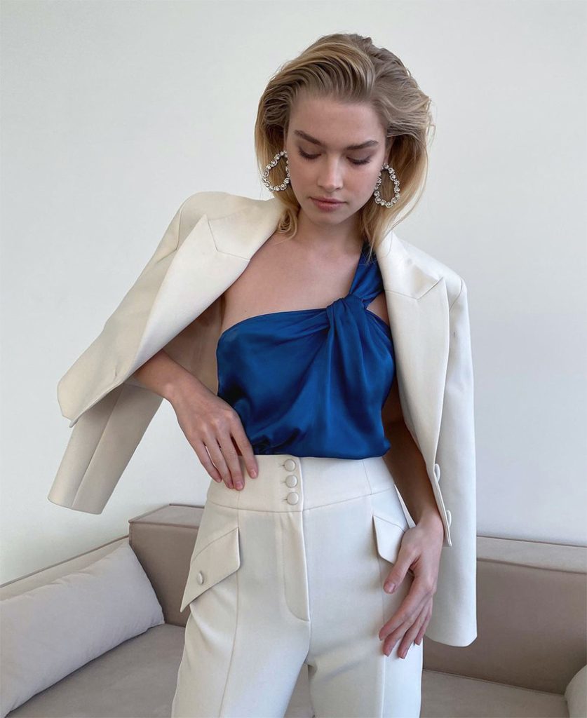 Sexy Satin Klein Blue Vest with Oblique Shoulder Detail - Image 8