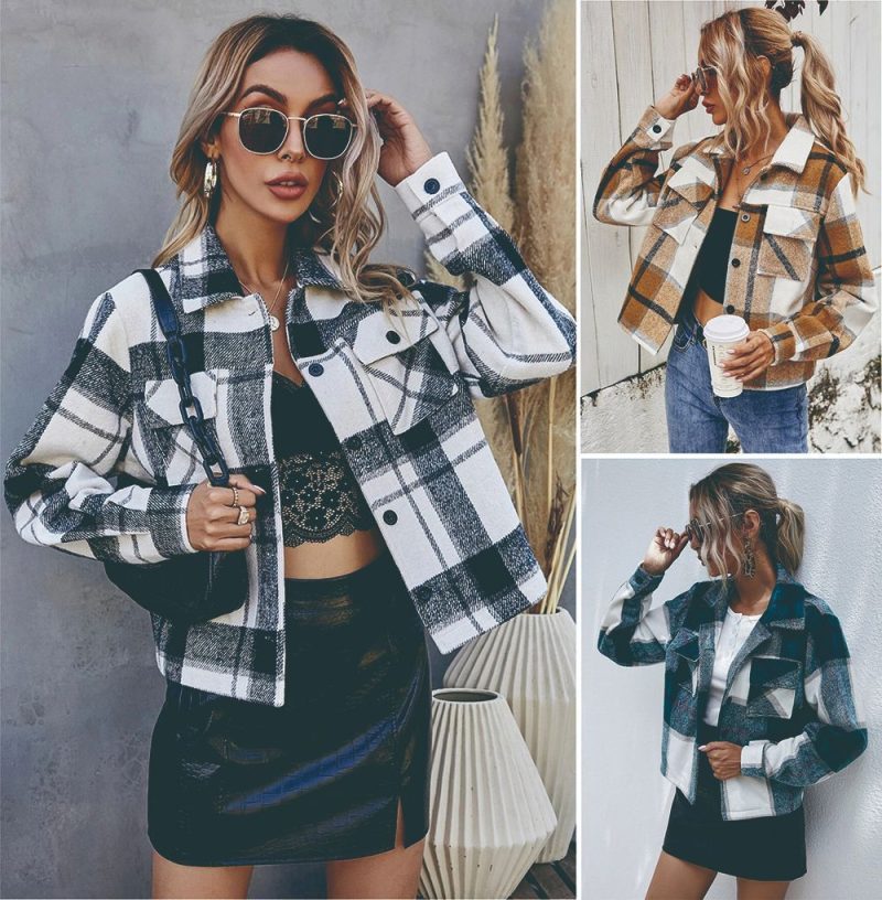 Single-Breasted Woolen Plaid Short Coat - Image 5