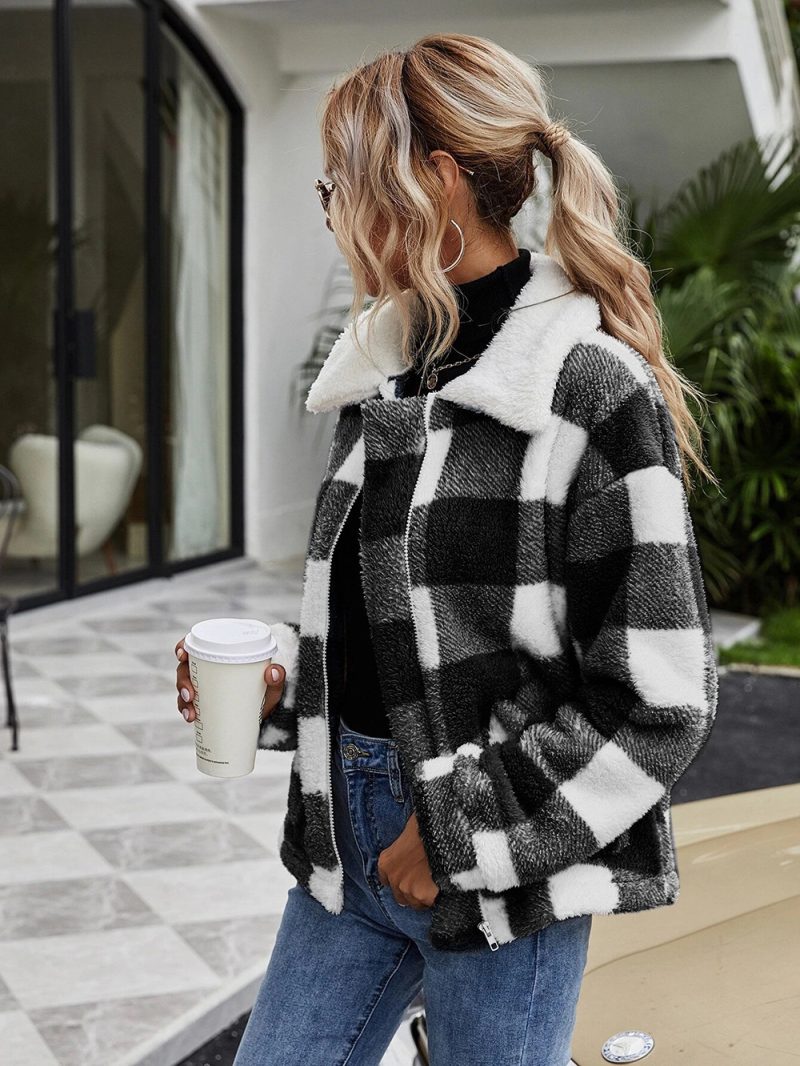 Zipper Collared Plaid Plush Coat - Image 2