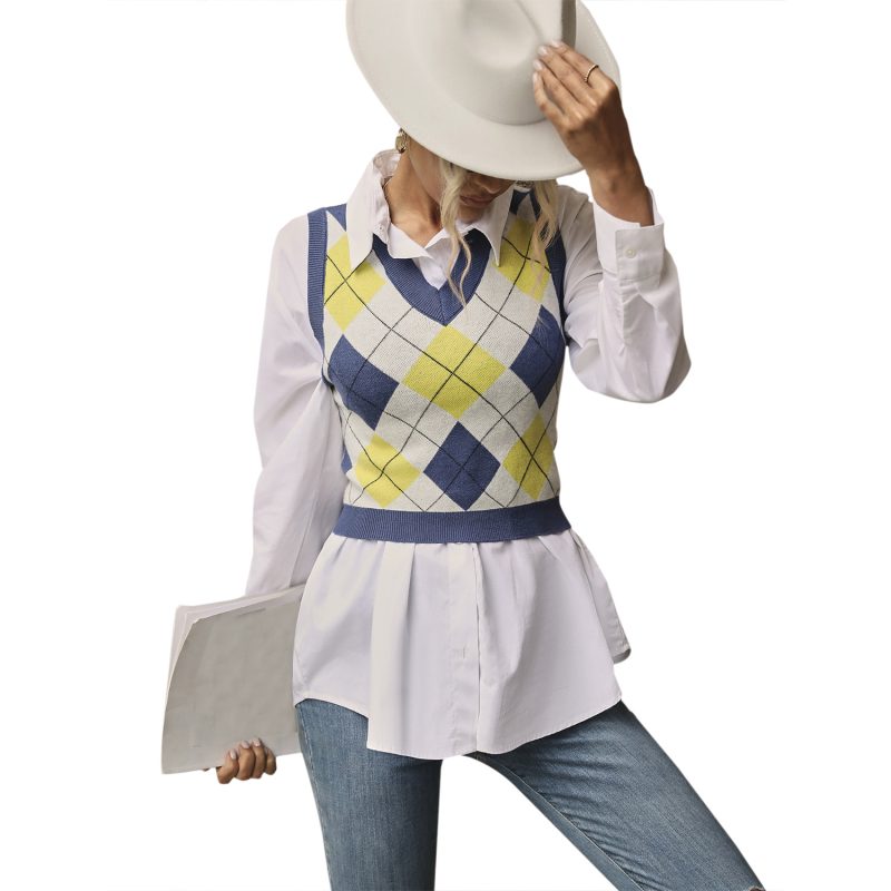 Color Matching Rhombus Plaid Sweater Vest - Image 5