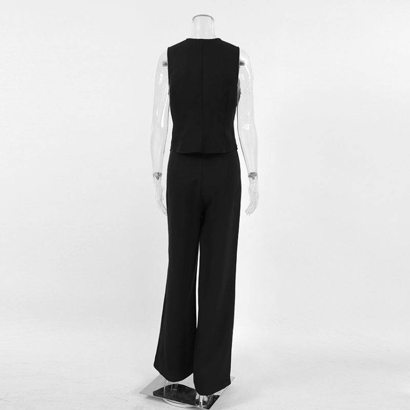Slim Black V-Neck Vest & Straight Leg Trousers Set - Image 5