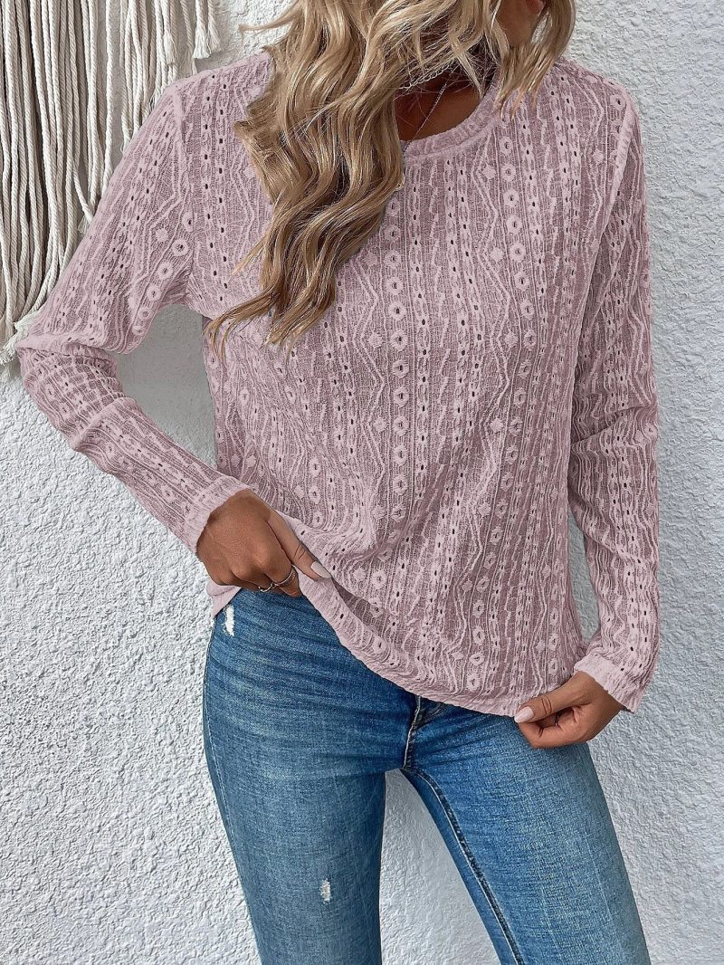 Round Neck Solid Color Lace T-Shirt - Image 7