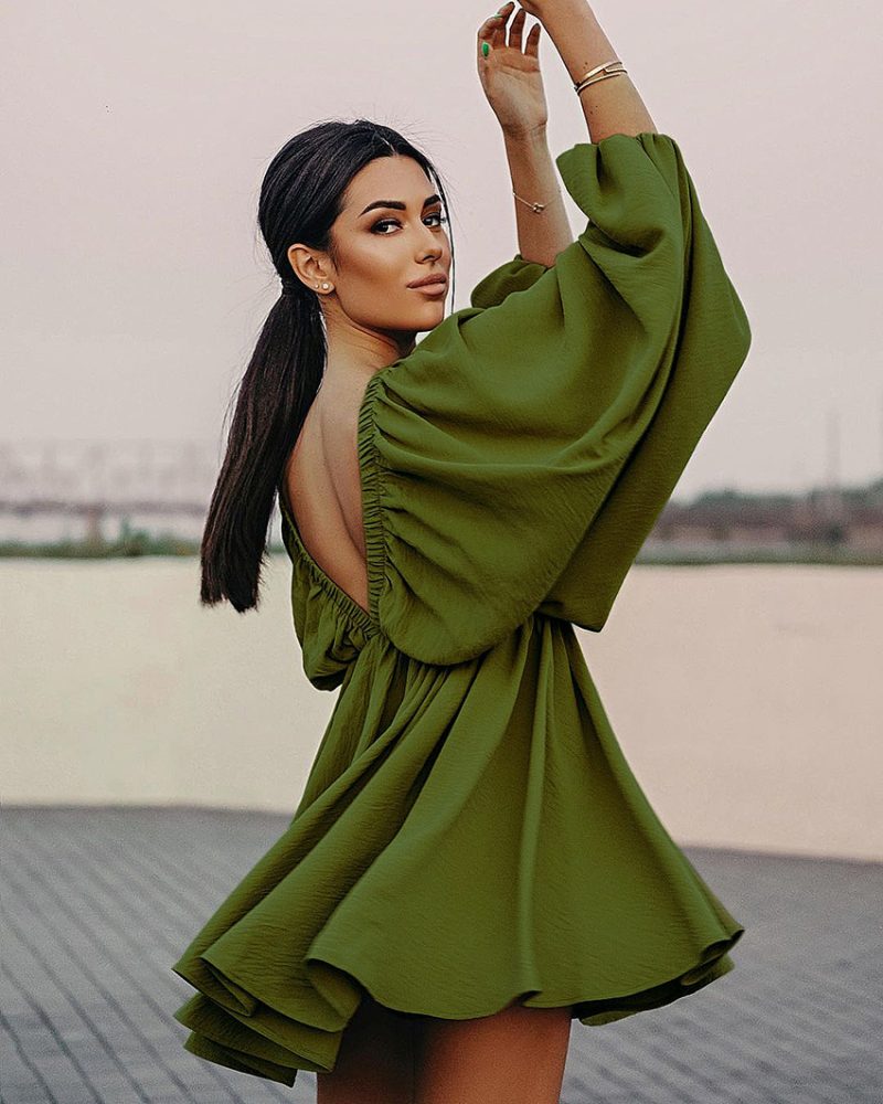 Autumn Short Lantern Sleeve V-Neck Dress - Image 2