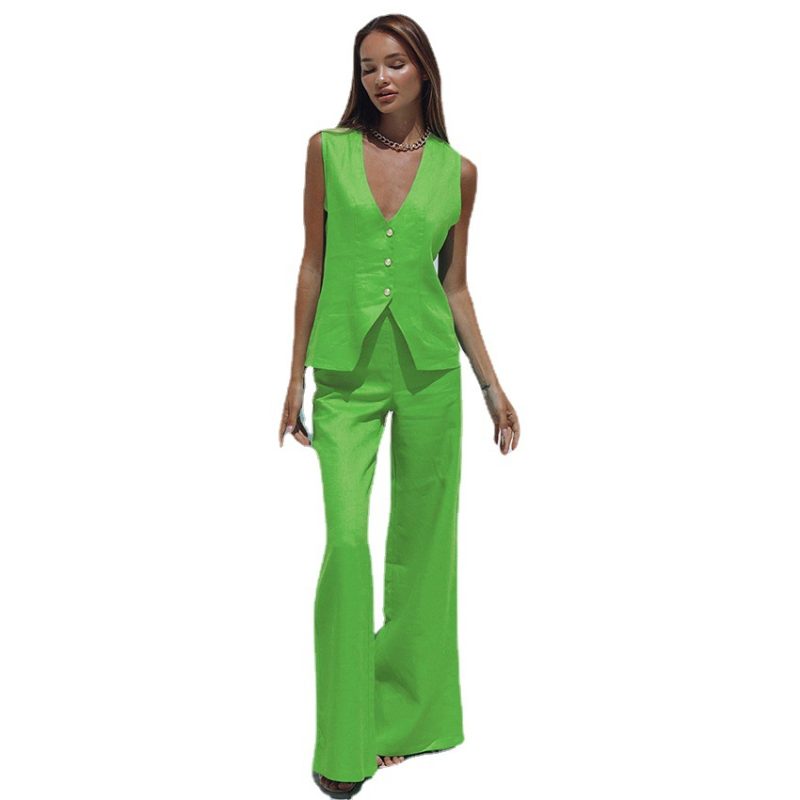 V-Neck Vest and Trousers Two-Piece Cotton Suit - Image 5