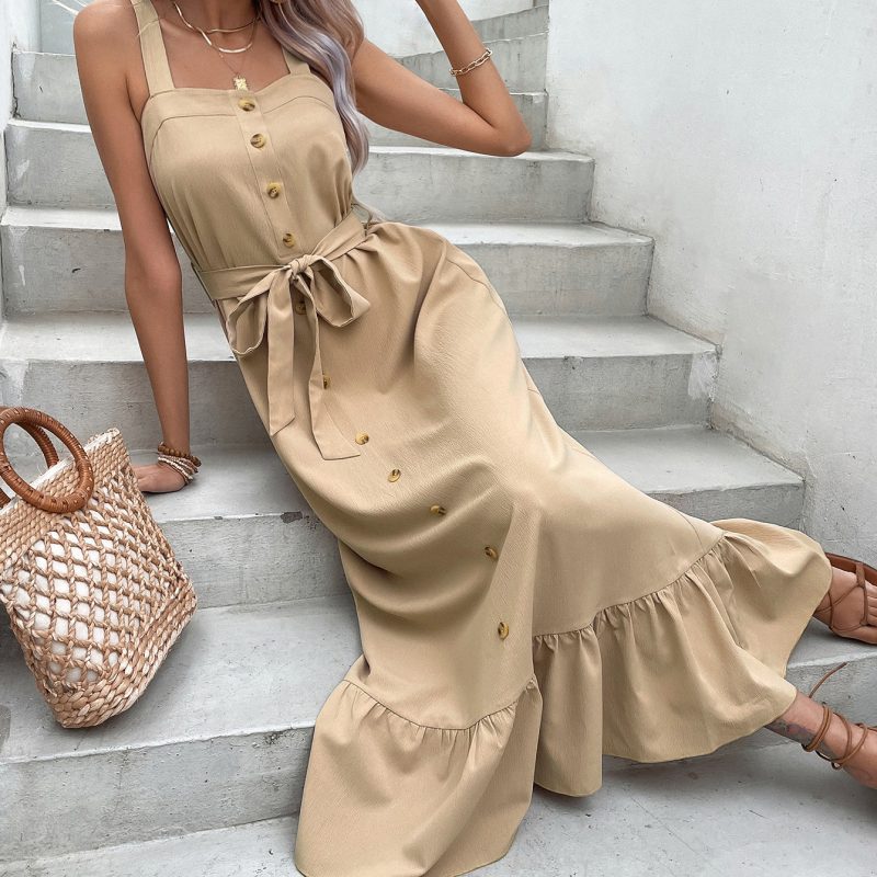 Elegant Square Collar Office Dress with Button Detail - Image 3