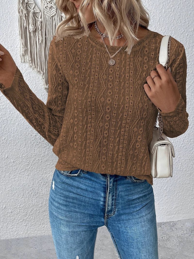 Round Neck Solid Color Lace T-Shirt - Image 6