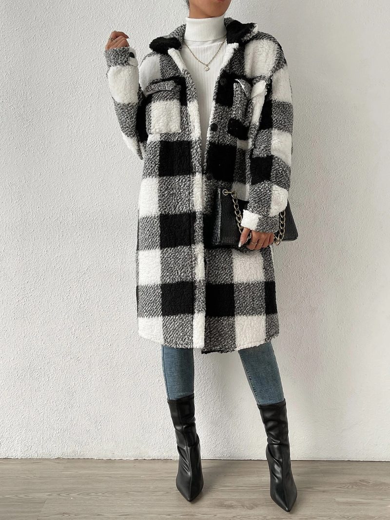 Buckle Collared Plush Plaid Coat - Image 8