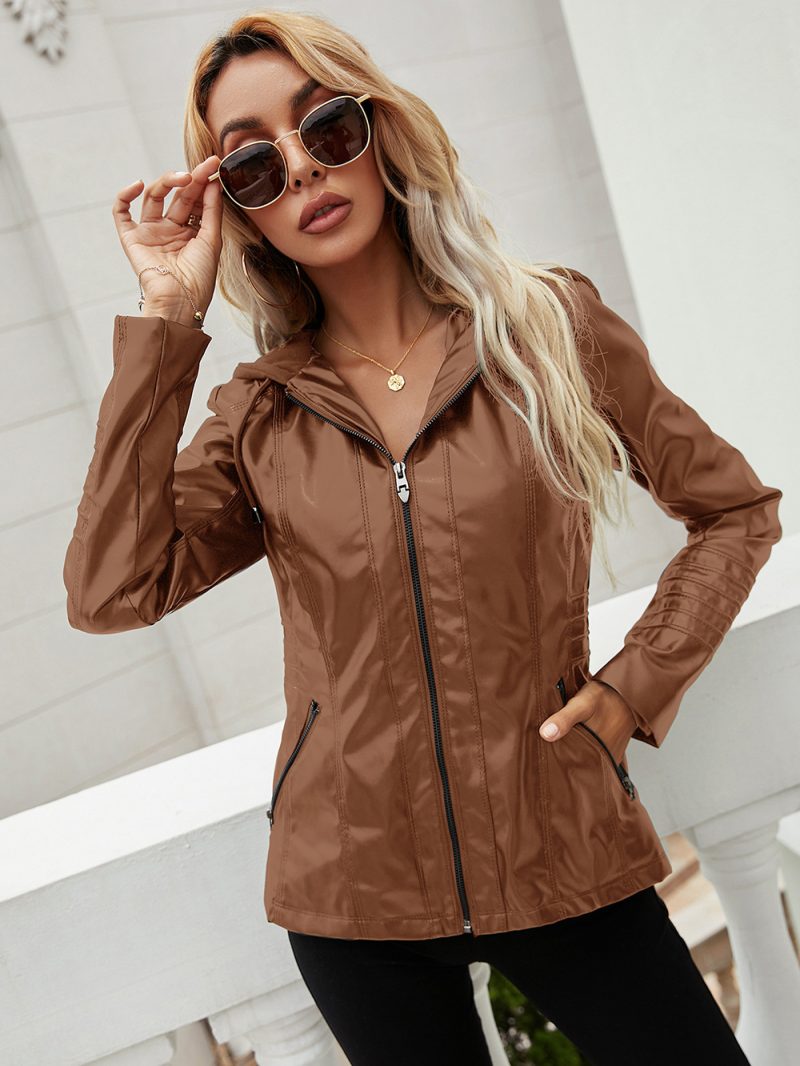 Hooded Zipper Leather Jacket Coat - Image 5