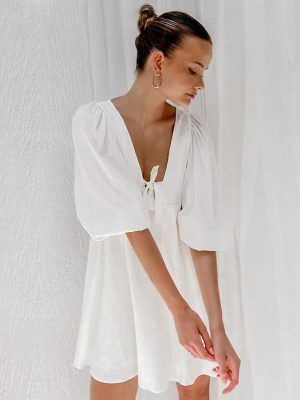 Cotton Linen Dress with French Tea Break Bubble Sleeves