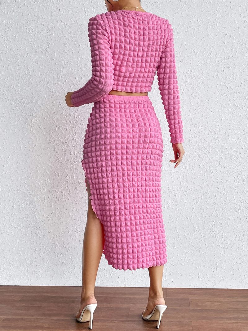 Slim Long Sleeve Round Neck Top & Split Skirt Set - Image 2