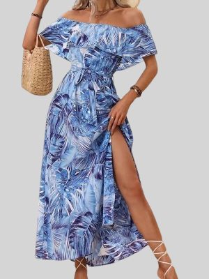 Sexy Printed Off-The-Shoulder Dress with Low Cut Split