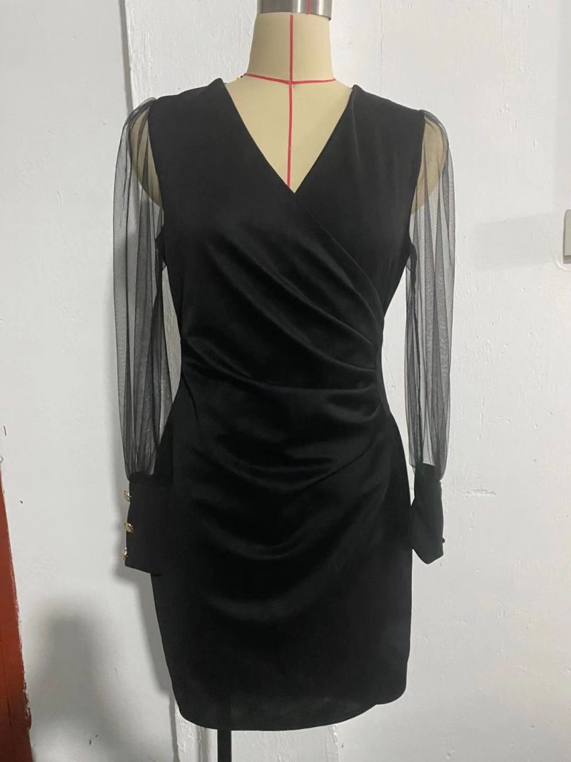 V-Neck Mesh Long-Sleeved Belted Dress for Women - Image 4