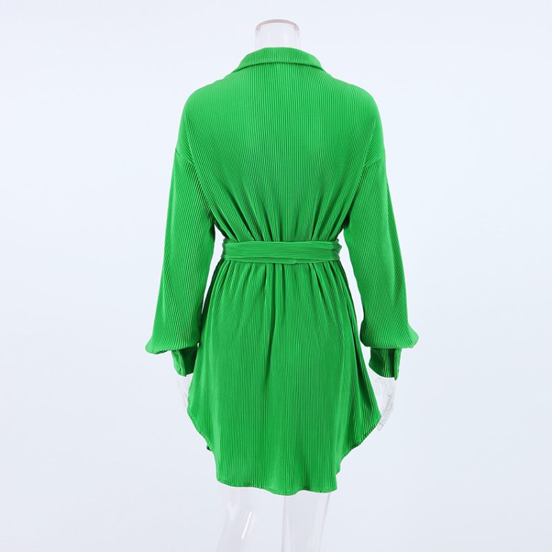 Green Textured Pleated Shirt Dress - Image 5