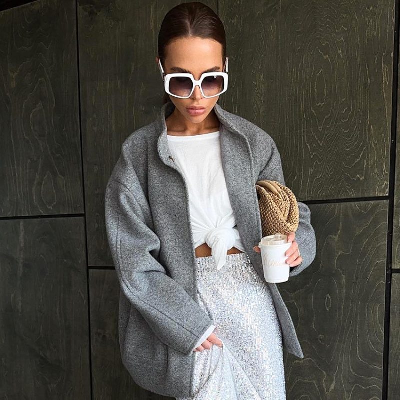 Gray Woolen Coat - Graceful Stand Collar Office Top - Image 4